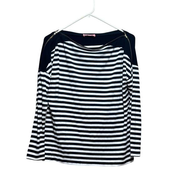 Glamour Farms Tops - Glamour Farms Women's Black White Striped Zipper 3/4 Sleeve Top Size M